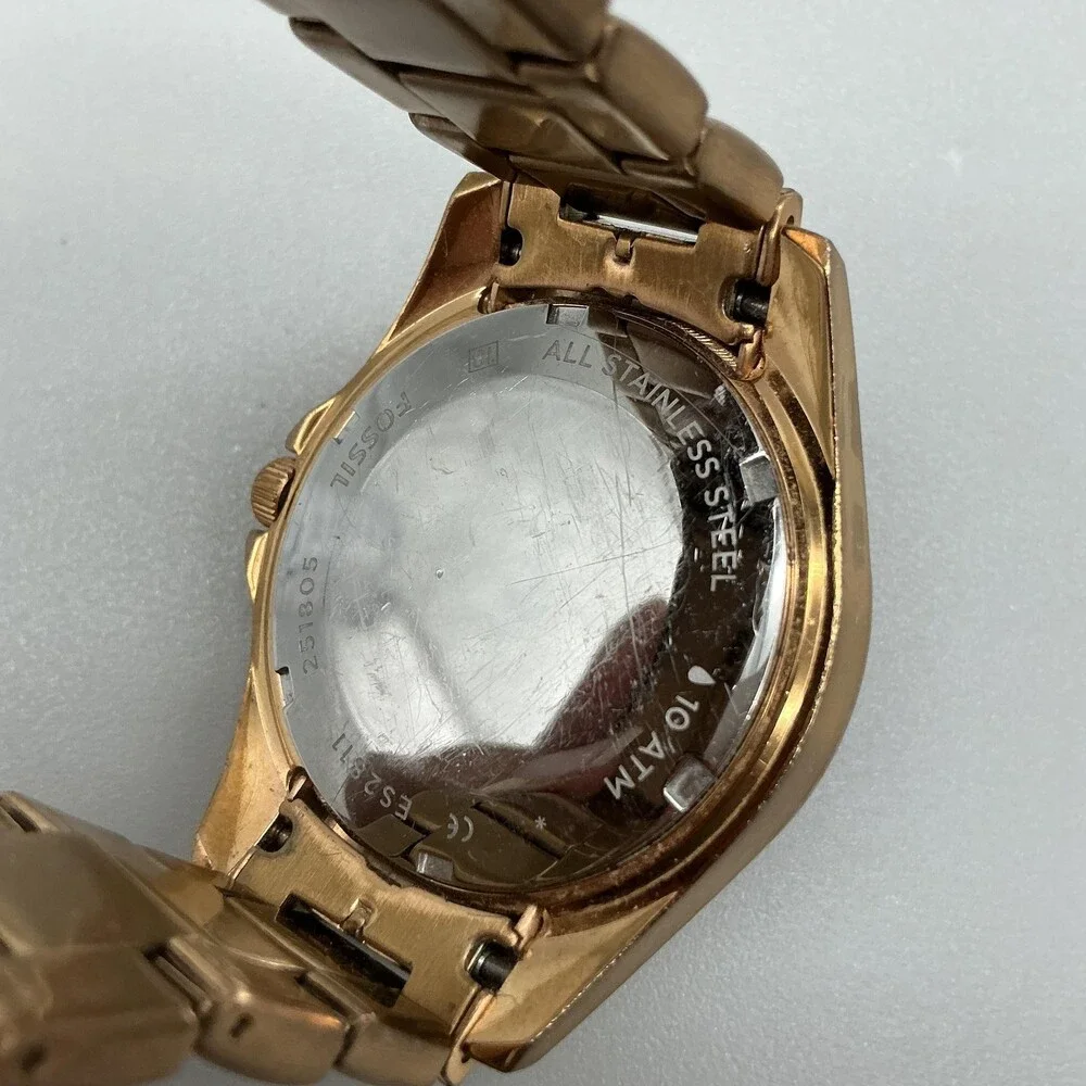 Fossil Womens Watch 38mm Rose Gold Tone Dial Crystal Bezel New Battery 6.75